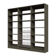 Three deep wire baskets in an 87 inch grey pantry storage unit.