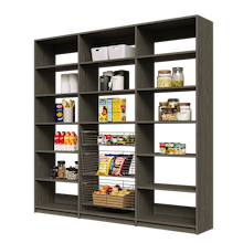 87 inch grey pantry shelving layout with three sliding wire baskets.