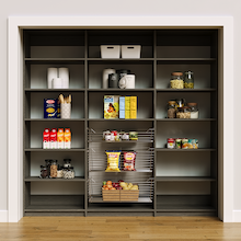 Grey 87 inch pantry storage for groceries and kitchen supplies.