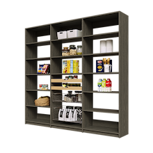 Extra wide 90 inch grey pantry shelving with two wood pull-out drawers and two pull-out wire baskets.