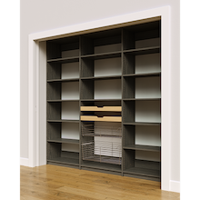 Large grey 90 inch pantry storage for kitchen walls with two wood pull-out drawers and two pull-out wire baskets.