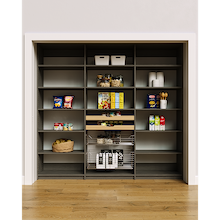 90 inch grey pantry wall shelving highlighting the signature wood pull-out drawer and wire basket build.
