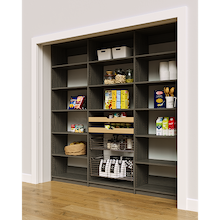 Grey 90 inch reach in pantry shelving featuring two wood pull-out drawers and two pull-out wire baskets.