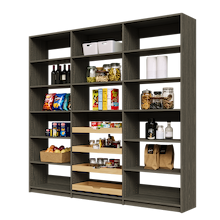 Extra wide 90 inch grey pantry shelving with four wood pull-out drawers.