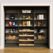 90 inch grey pantry wall shelving for organizing snacks and baking goods.
