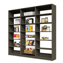 Extra wide 90 inch grey pantry shelving with three wire storage baskets.