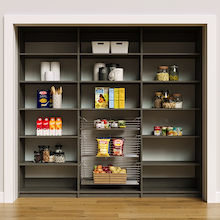 90 inch grey pantry storage for organizing snacks and baking goods.