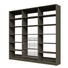 Three pull-out baskets in a 90 inch grey kitchen pantry.