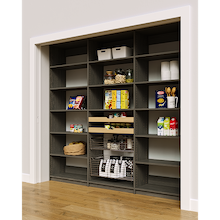 High capacity 93 inch grey large pantry shelving with two wood pull-out drawers and two pull-out wire baskets.