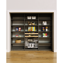 Grey 93 inch food storage shelves featuring layered wood drawers and pull-out wire baskets.