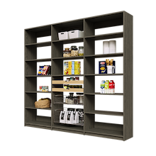 93 inch grey pantry shelving with two wood pull-out drawers and two pull-out wire baskets for storage.