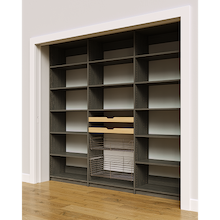 93 inch grey pantry storage with two wood pull-out drawers and two pull-out wire baskets.