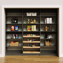 Modern grey 93 inch food storage shelves for bulk dry goods and cans.