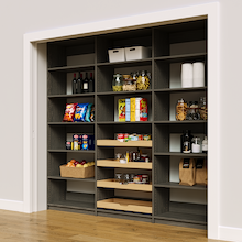 High capacity 93 inch grey large pantry shelving with four wood pull-out drawers.