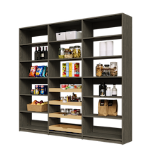 93 inch grey pantry shelving with four sliding wood pull-out drawers for storage.