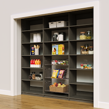 High capacity 93 inch grey large pantry shelving with three wire baskets.