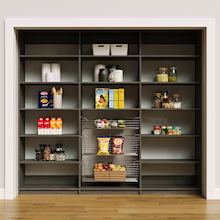 Modern grey 93 inch pantry food racks for bulk dry goods and cans.