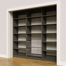 Side profile of 93 inch grey pantry storage with three wire baskets.