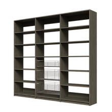 Three sliding wire baskets in 93 inch grey kitchen pantry shelving.