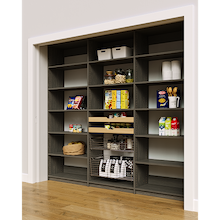 Wide 96 inch grey kitchen pantry racks for organizing bulk food with wood drawers and wire pull-out baskets.