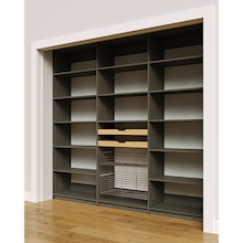 96 inch grey pantry shelving layout with two wood pull-out drawers and two pull-out wire baskets.