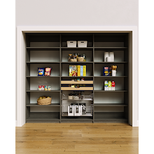 96 inch grey pantry storage shelves with adjustable heights, wood pull-out drawers, and pull-out wire baskets.