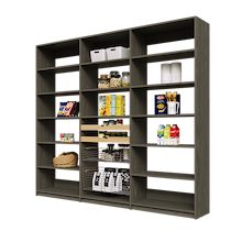 Full wall 96 inch grey pantry shelving for modern kitchen food organization with wood drawers and wire pull-out baskets.