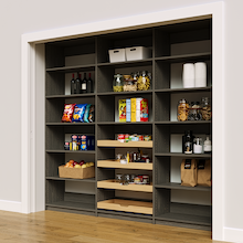 Wide 96 inch grey kitchen pantry racks for organizing dry goods and appliances.