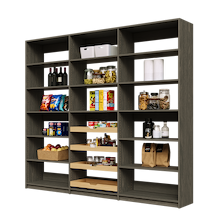 Full wall 96 inch grey pantry shelving for modern kitchen food organization.
