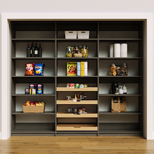 96 inch grey pantry storage shelves with adjustable heights for large items.