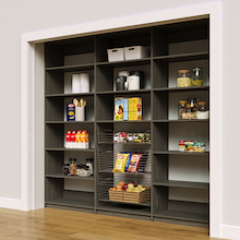 Wide 96 inch grey kitchen pantry racks for organizing dry goods.