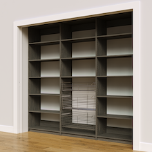 96 inch grey pantry shelving layout with three wire baskets.