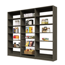 Full wall 96 inch grey pantry shelving with three wire baskets.