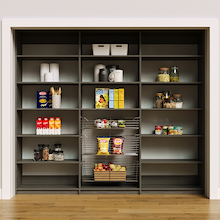 96 inch grey pantry storage shelves with adjustable heights for large items.