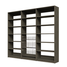 Three wire pull-out baskets in a 96 inch grey reach in pantry.