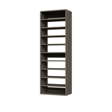 Grey shoe shelving featuring 10 straight shelves for sneakers and casual shoes.