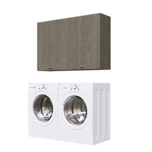 Grey Basic Laundry Kit with storage doors and overhead shelving installed above a washer and dryer for organized laundry room storage. Yes