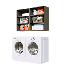 Grey Basic Laundry Kit featuring open overhead shelving designed for efficient laundry room organization. No