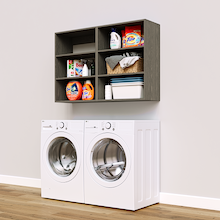Grey Basic Laundry Kit with open overhead shelving installed above a washer and dryer for organized laundry room storage. No