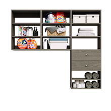 Grey Choice Laundry Kit with built-in drawers and overhead shelves to keep laundry supplies within easy reach.