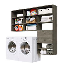 Grey Choice Laundry Kit featuring a shelf tower with two drawers and upper storage shelves for utility room storage.