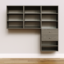 Grey Choice Laundry Kit with a shelf tower with two drawers and overhead shelving providing built-in laundry room storage.