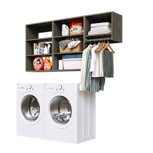 Grey Classic Laundry Kit featuring a clothes hanging rod and upper storage shelves for overhead laundry storage.