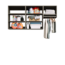 Grey Classic Laundry Kit with a hanging rod and overhead shelves to keep laundry supplies within easy reach.