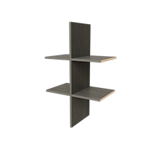 Grey closet cubby insert with closet shelving for a contemporary apartment closet.