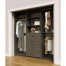 Grey closet system 90 inch with extensive hanging storage for clothing