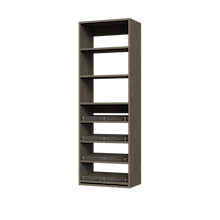 Grey shoe shelving combining 4 slanted shelves and straight storage shelves for sneakers, heels, and flats.