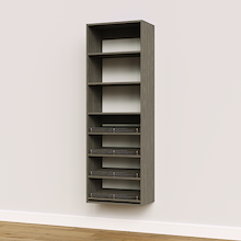 Grey shoe tower featuring mixed 4 slanted shelves and straight shelves for efficient vertical shoe storage.