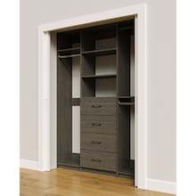Grey custom closet system 63 inch with drawers and shelves for small spaces