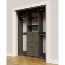 Grey custom closet system 66 inch with drawers and shelves for compact closets